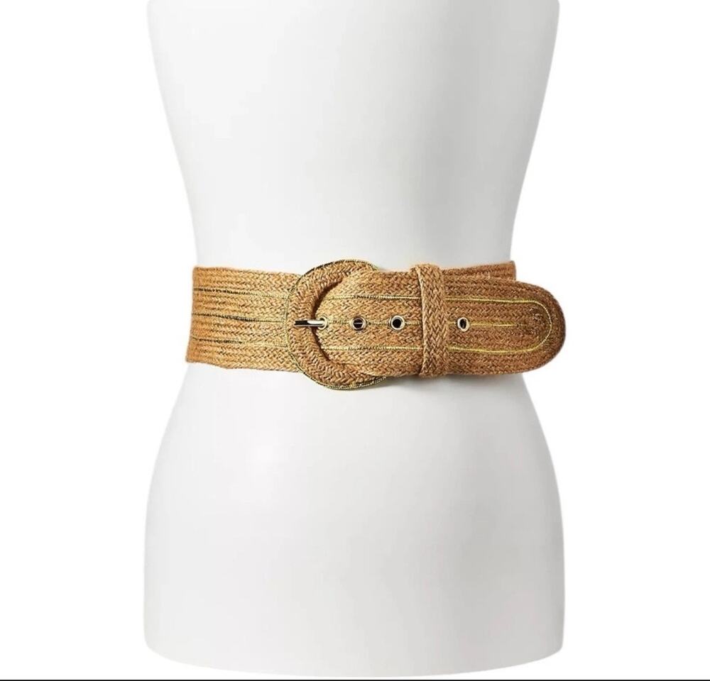 Anthropologie Wide Woven Jute Belt Gold Metallic Thread Natural NWT MSRP $80
